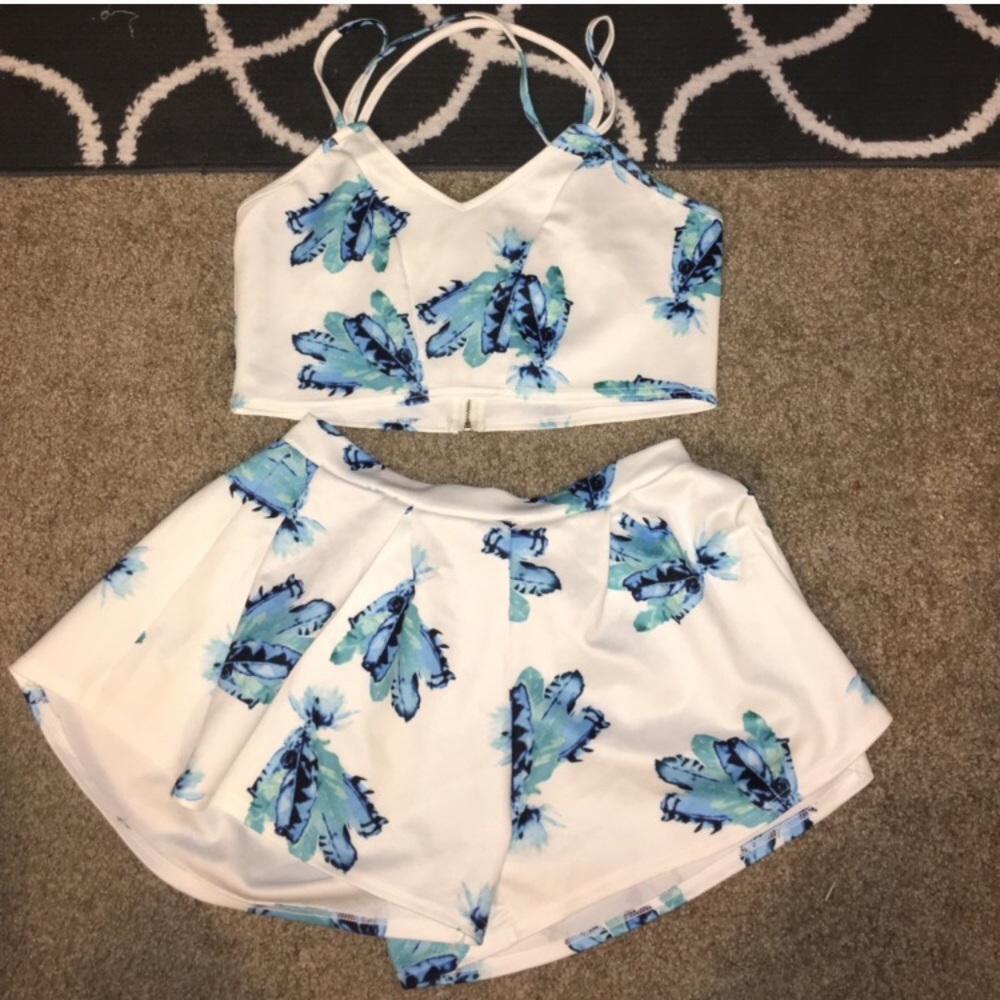 Blue and white floral pattern two piece romper